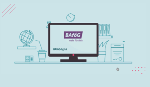 Auf einem Bildschirm ist das Logo von "BAföG" zu sehen. Ringsherum sind kleine Grafiken, die Einrichtungsgegenstände darstellen. Der Hintergrund ist hellblau.